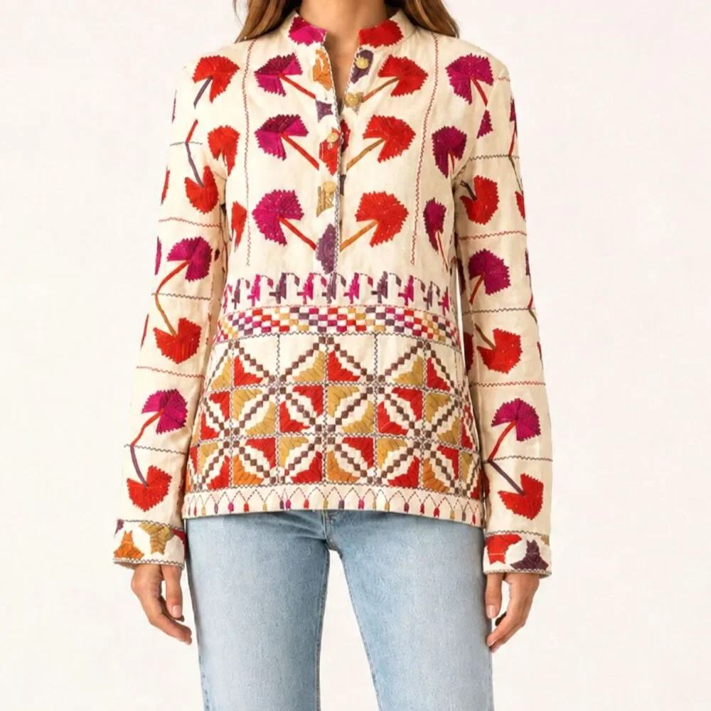 Tory Burch Linen Embroidered Blouse Size Small